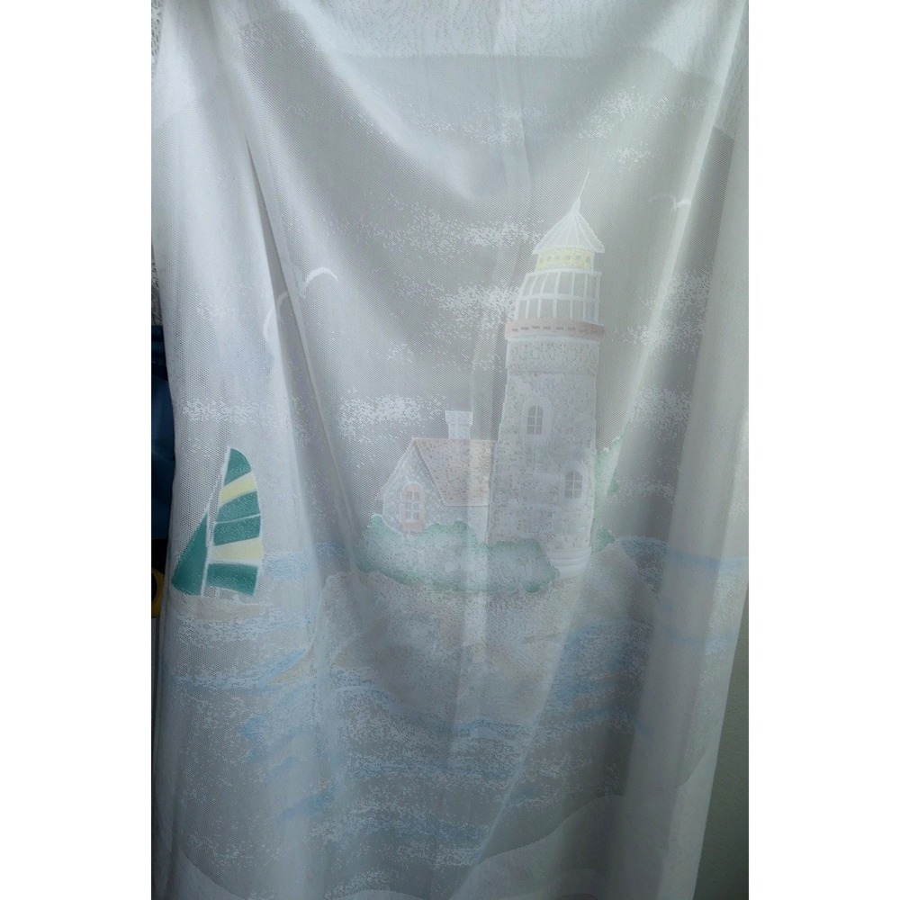Nautical JcPenney Home Lighthouse Lace Shower Curtain White Coastal Sailboat‎